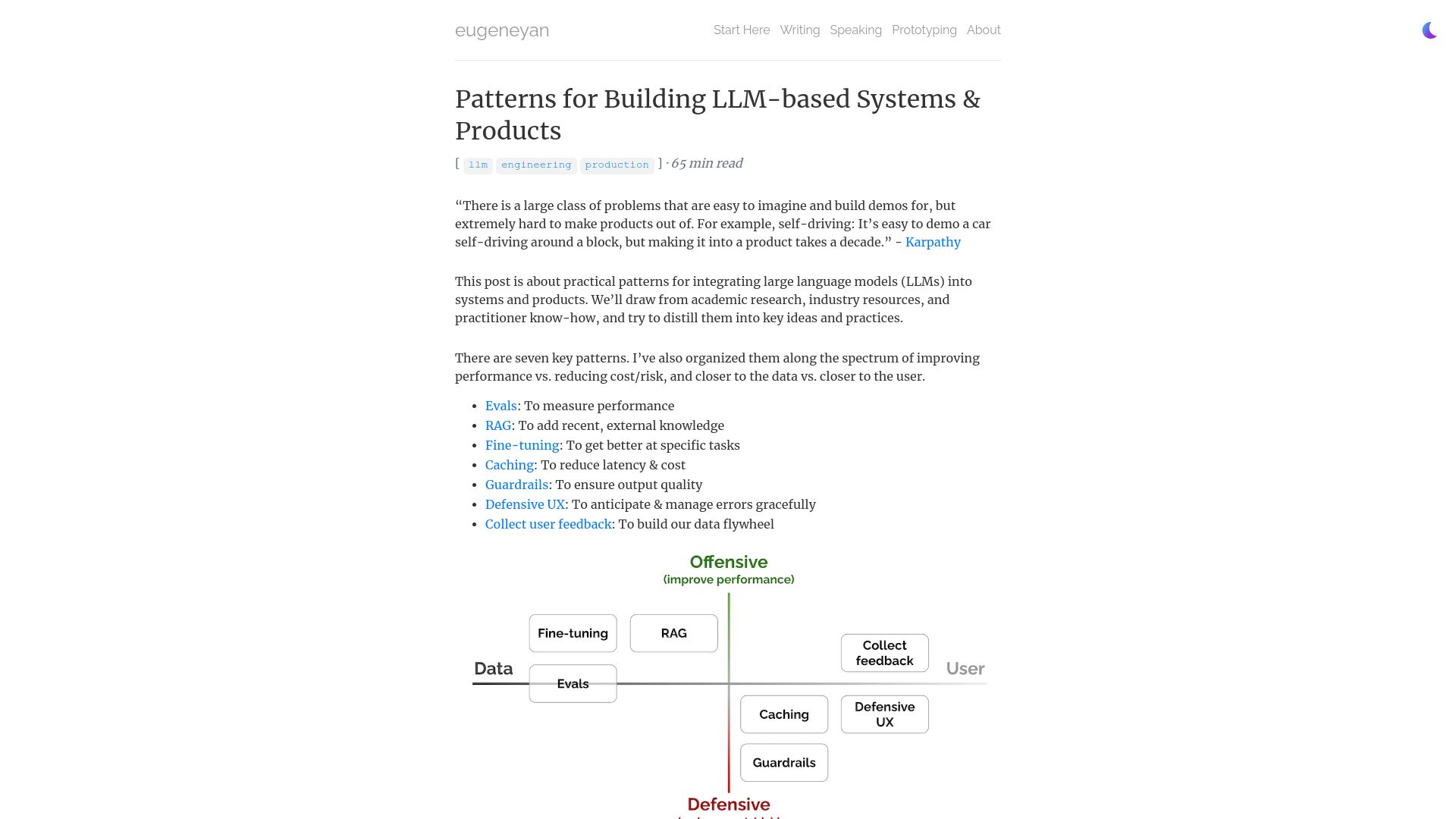 Screenshot of eugeneyan.com: Patterns for building LLM-based systems and products