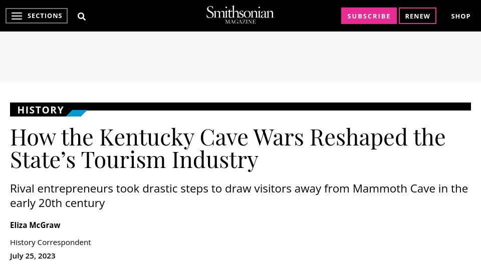 Screenshot of smithsonianmag.com: How the Kentucky Cave Wars Reshaped the State’s Tourism Industry