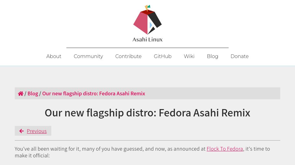 Screenshot of asahilinux.org: Our new flagship distro: Fedora Asahi Remix