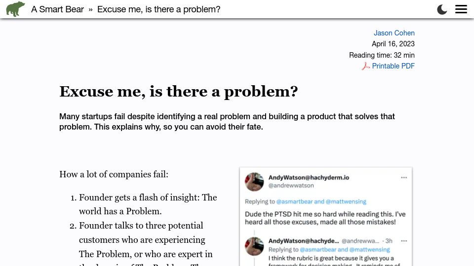Screenshot of longform.asmartbear.com: Excuse me, is there a problem?