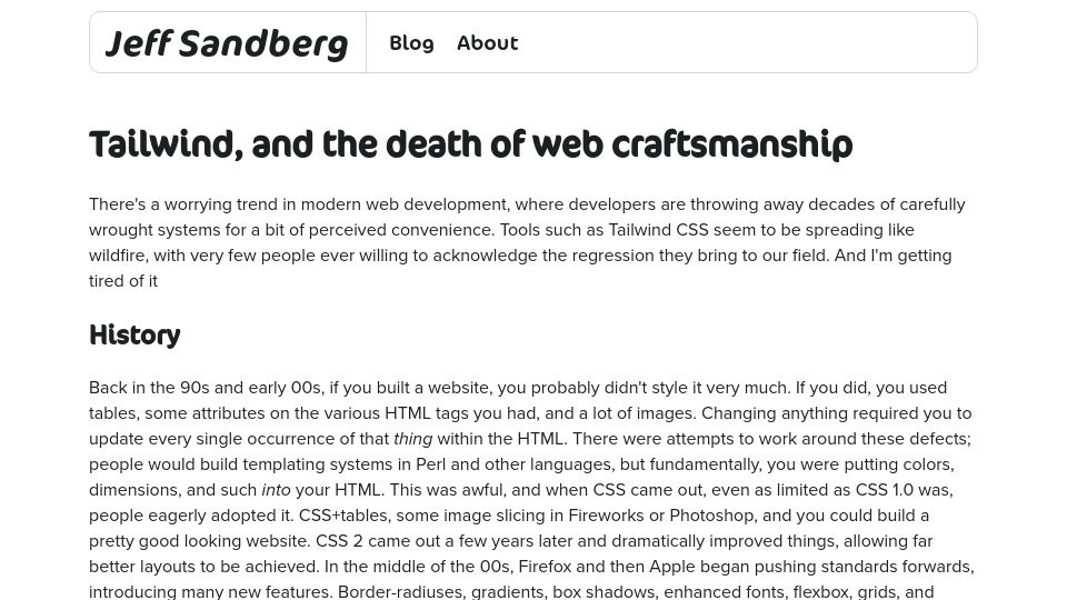 Screenshot of pdx.su: Tailwind CSS and the death of web craftsmanship