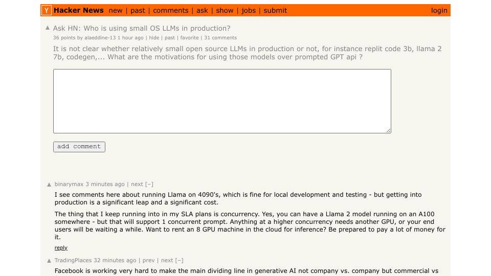 Screenshot of Hacker News post: Ask HN: Who is using small OS LLMs in production?