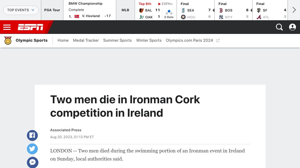 Screenshot of espn.com: Two men die in Ironman Cork competition in Ireland