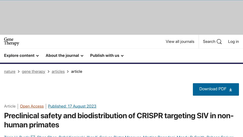 Screenshot of nature.com: CRISPR gene-editing treatment eliminates HIV-like virus from non-human primates