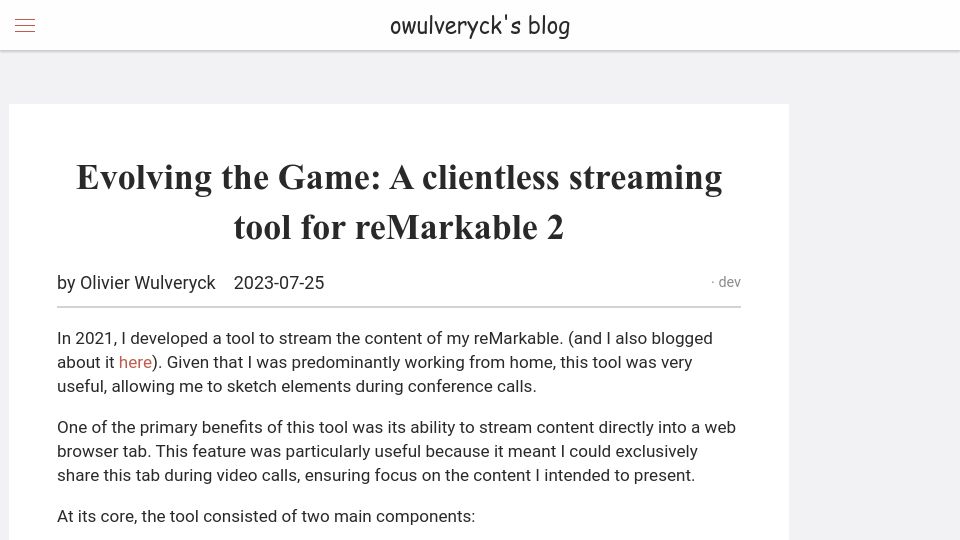 Screenshot of blog.owulveryck.info: The ReMarkable Streaming Tool v2: Elevating Remote Work Efficiency