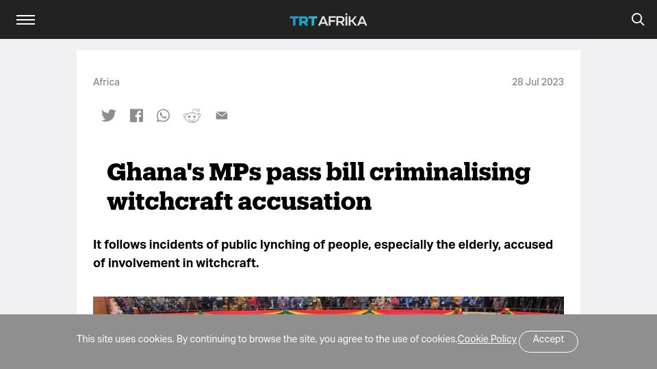 Screenshot of trtafrika.com: Ghana's MPs pass bill criminalising witchcraft accusation