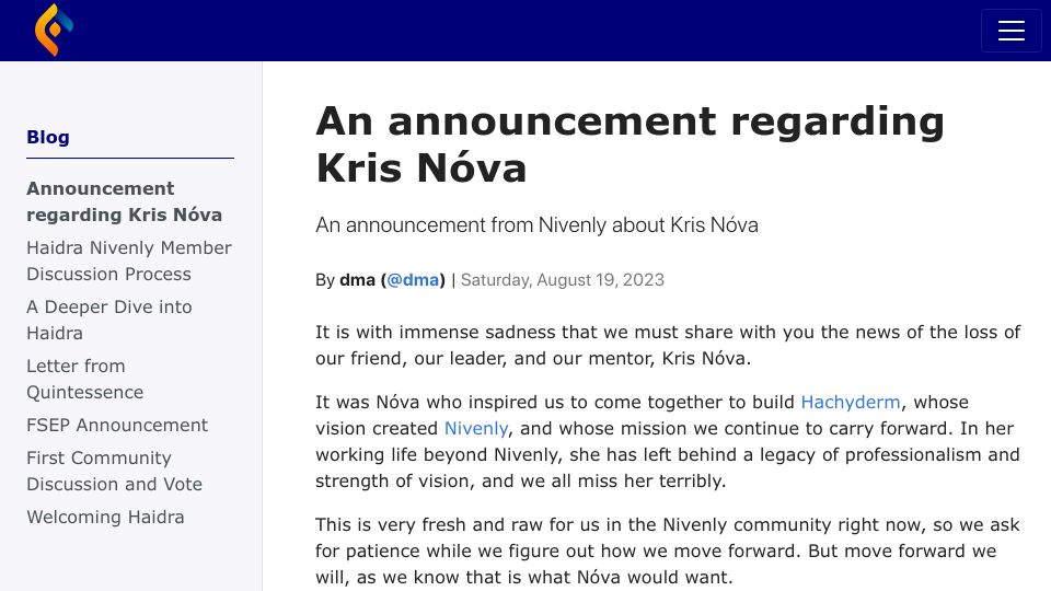 Screenshot of nivenly.org: Kris Nóva has died