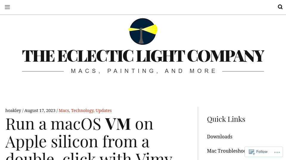 Screenshot of eclecticlight.co: Run a macOS VM on Apple Silicon from a double-click with Vimy