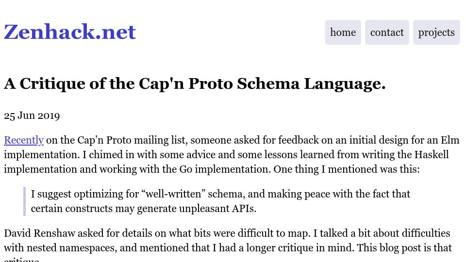 Screenshot of zenhack.net: A Critique of the Cap'n Proto Schema Language (2019)