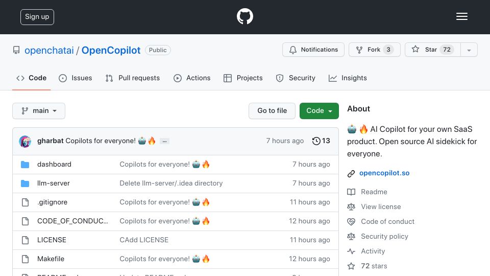 Screenshot of github.com: OpenCopilot – Open source AI copilot for your own SaaS product