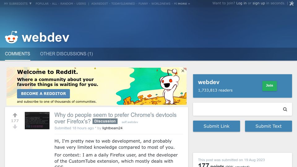 Screenshot of old.reddit.com: Why do people seem to prefer Chrome's devtools over Firefox's?