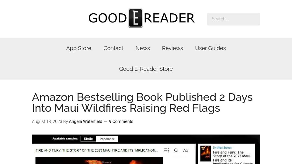 Screenshot of goodereader.com: Amazon lists book on Maui wildfires that was published days after fires started