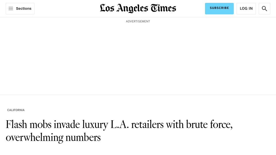Screenshot of latimes.com: Flash mobs invade luxury L.A. retailers with brute force, overwhelming numbers