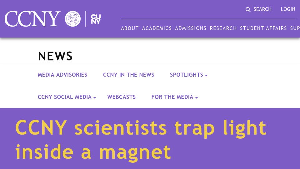 Screenshot of ccny.cuny.edu: Scientists trap light inside a magnet