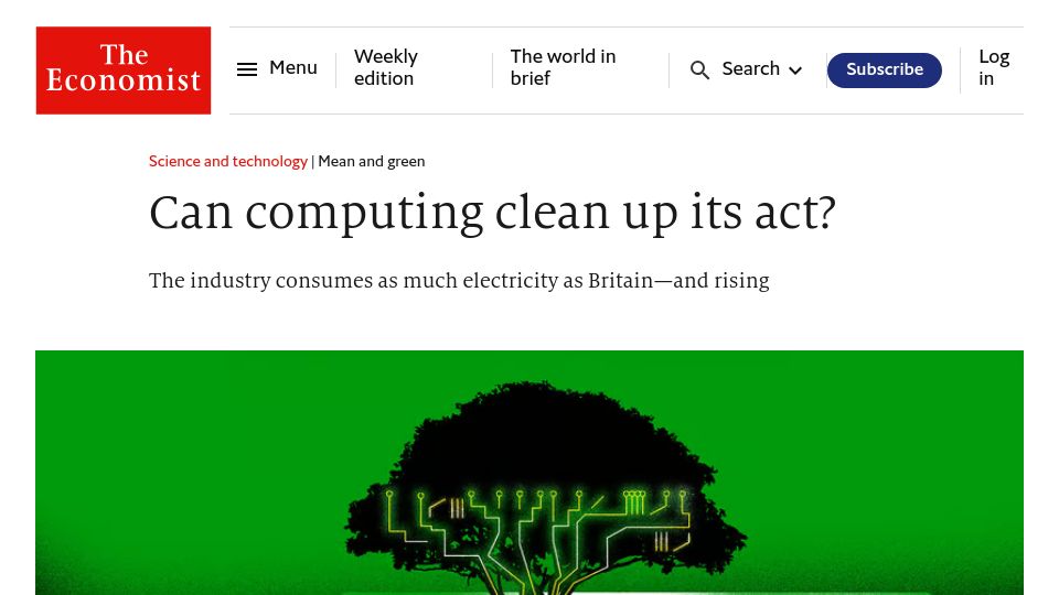 Screenshot of economist.com: Data centres account for between 1.5% and 2% of global electricity consumption