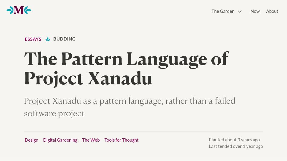 Screenshot of maggieappleton.com: The Pattern Language of Project Xanadu