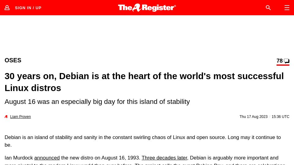 Screenshot of theregister.com: Debian is at the heart of the most successful Linux distros