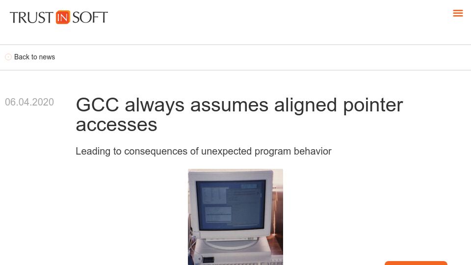 Screenshot of trust-in-soft.com: GCC always assumes aligned pointer accesses (2020)