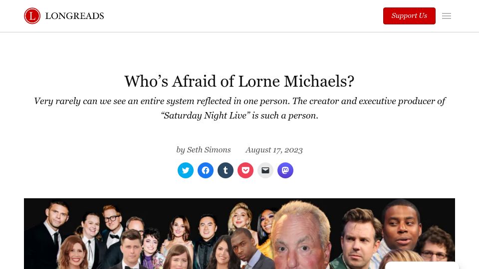 Screenshot of longreads.com: Who’s Afraid of Lorne Michaels?