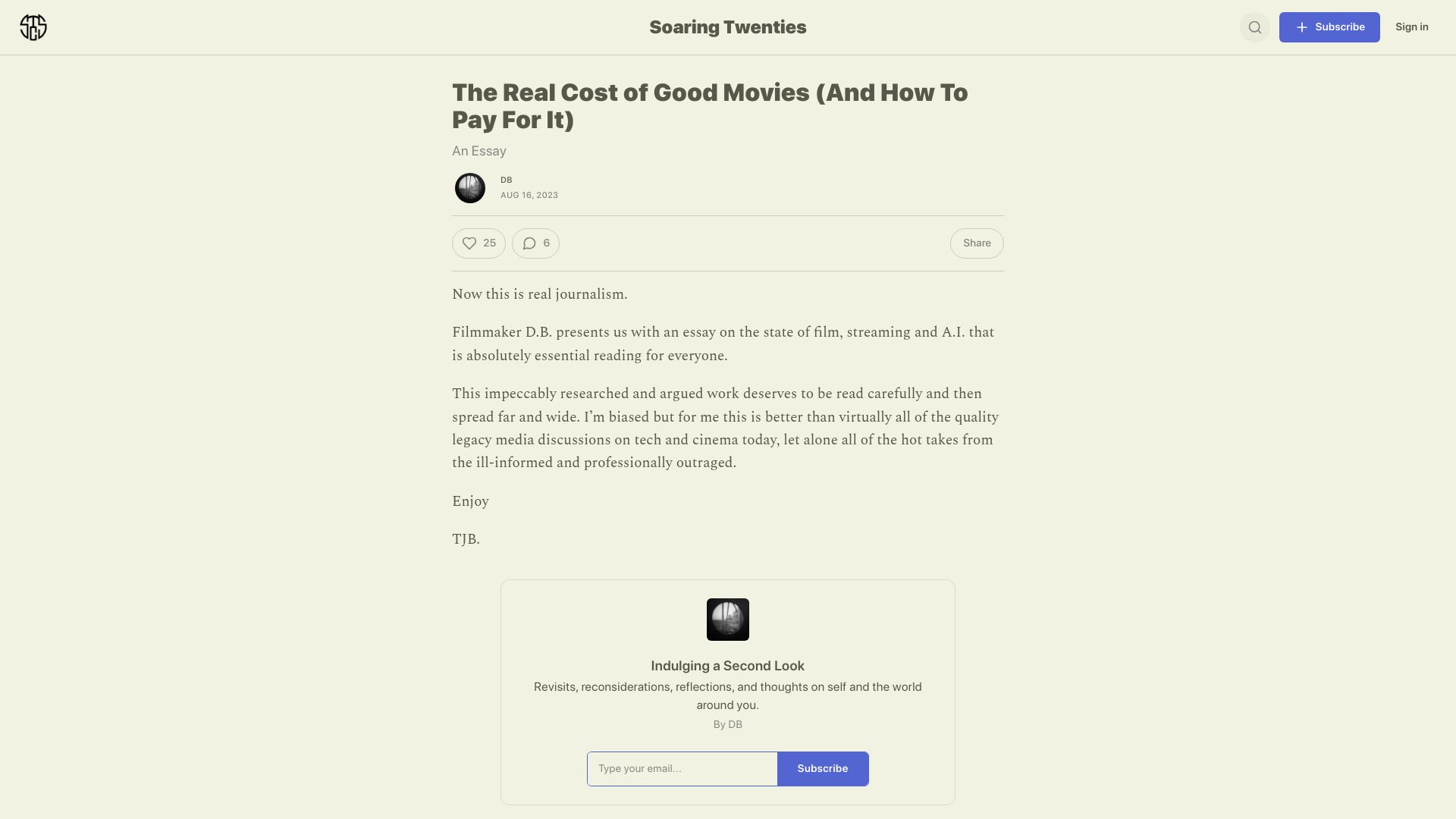 Screenshot of soaringtwenties.substack.com: The Cost of Good Movies