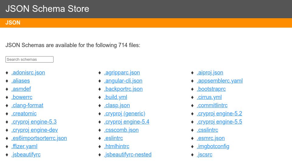 Screenshot of schemastore.org: JSON Schema Store