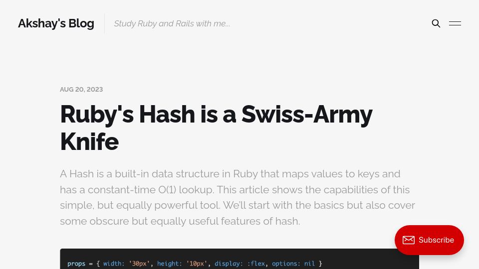 Screenshot of akshaykhot.com: Ruby's hash is a Swiss-army knife