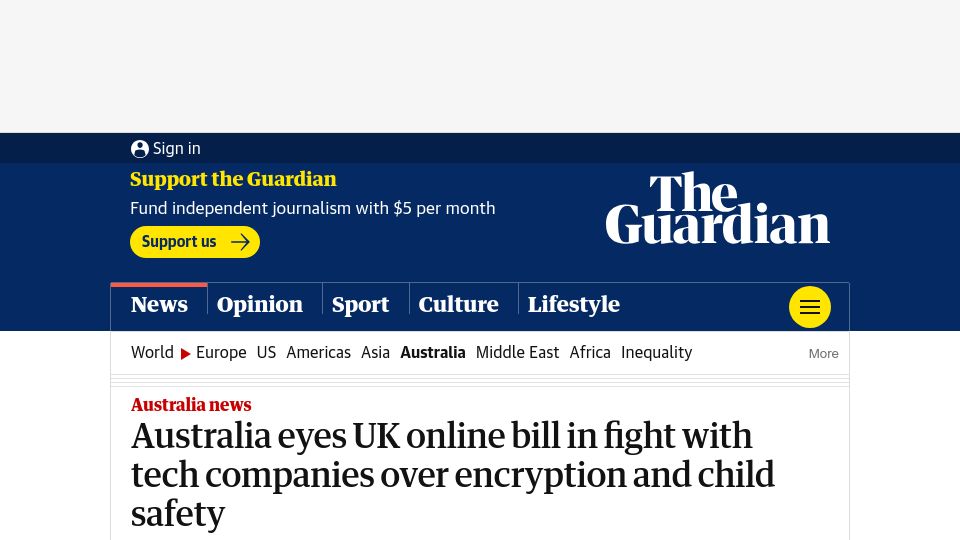 Screenshot of theguardian.com: Australia eyes UK online bill in fight with tech companies