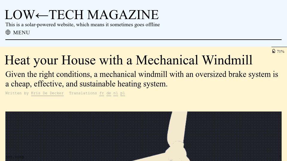 Screenshot of solar.lowtechmagazine.com: Heat your house with a mechanical windmill (2019)
