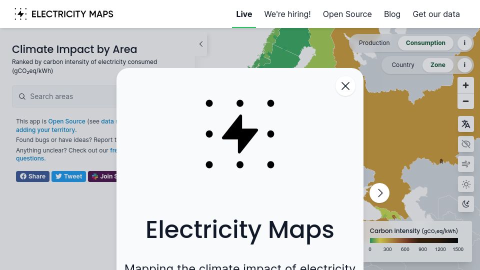 Screenshot of app.electricitymaps.com: Electricity Maps