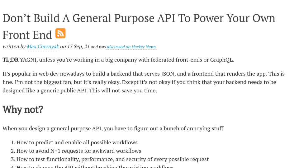 Screenshot of max.engineer: Don’t build a general purpose API to power your own front end (2021)