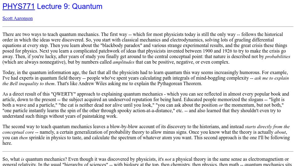 Screenshot of scottaaronson.com: PHYS771 Lecture 9: Quantum