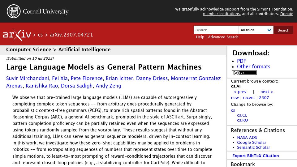 Screenshot of arxiv.org: Large Language Models As General Pattern Machines