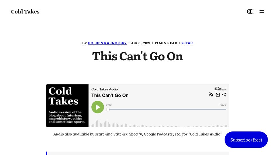 Screenshot of cold-takes.com: This can't go on (2021)