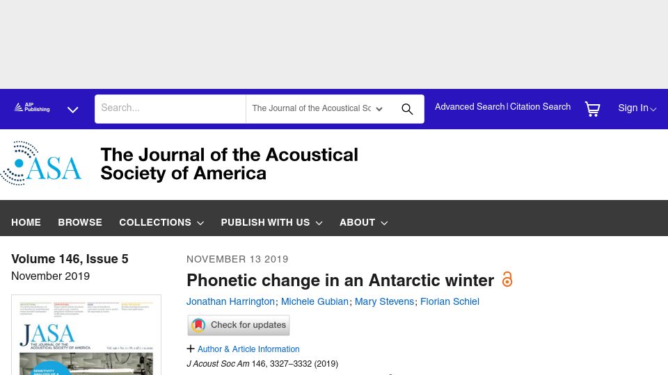 Screenshot of pubs.aip.org: Phonetic change in an Antarctic winter (2019)