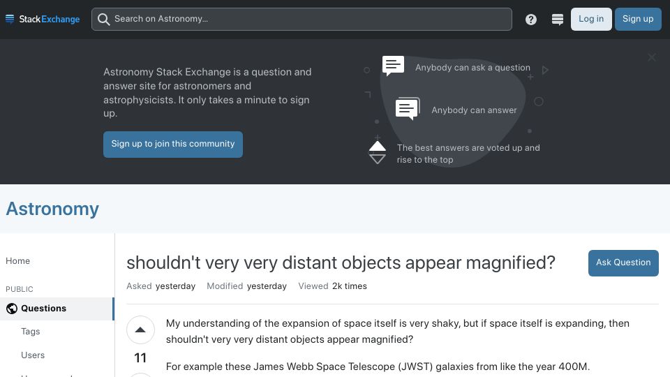 Screenshot of astronomy.stackexchange.com: Shouldn't distant objects appear magnified?