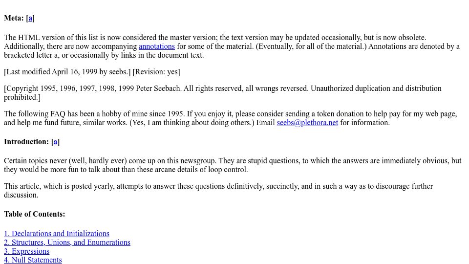 Screenshot of seebs.net: Infrequently Asked Questions in Comp.lang.c (1999)