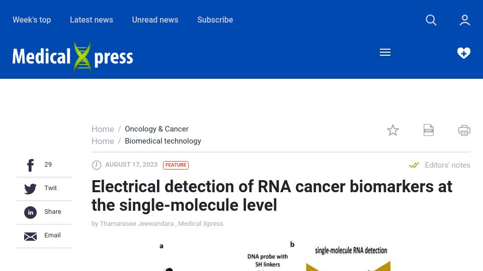 Screenshot of medicalxpress.com: Electrical detection of RNA cancer biomarkers at the single-molecule level