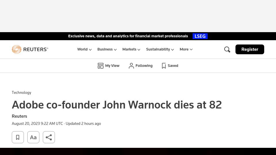 Screenshot of reuters.com: John Warnock has died