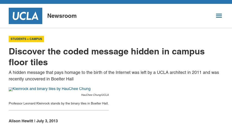 Screenshot of newsroom.ucla.edu: UCLA floor tiles decoded, pay homage to first internet message (2013)