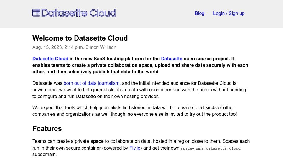 Screenshot of datasette.cloud: Welcome to Datasette Cloud