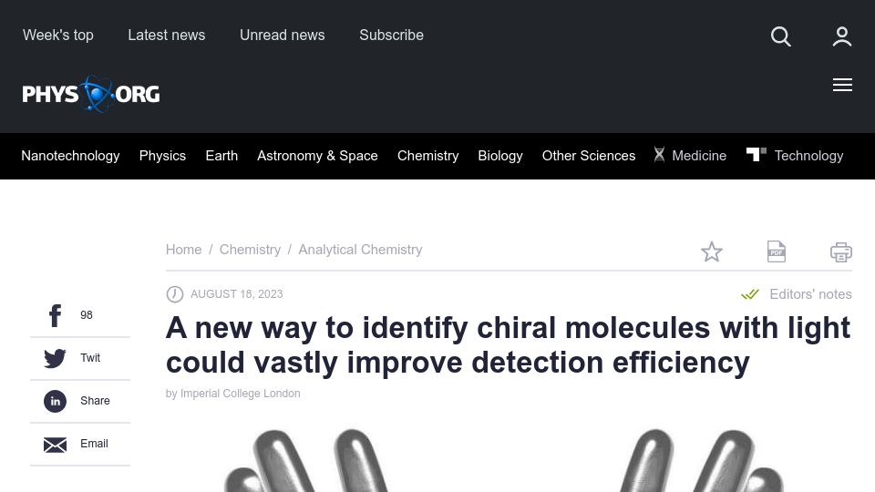 Screenshot of phys.org: A new way to identify chiral molecules with light could vastly improve detection