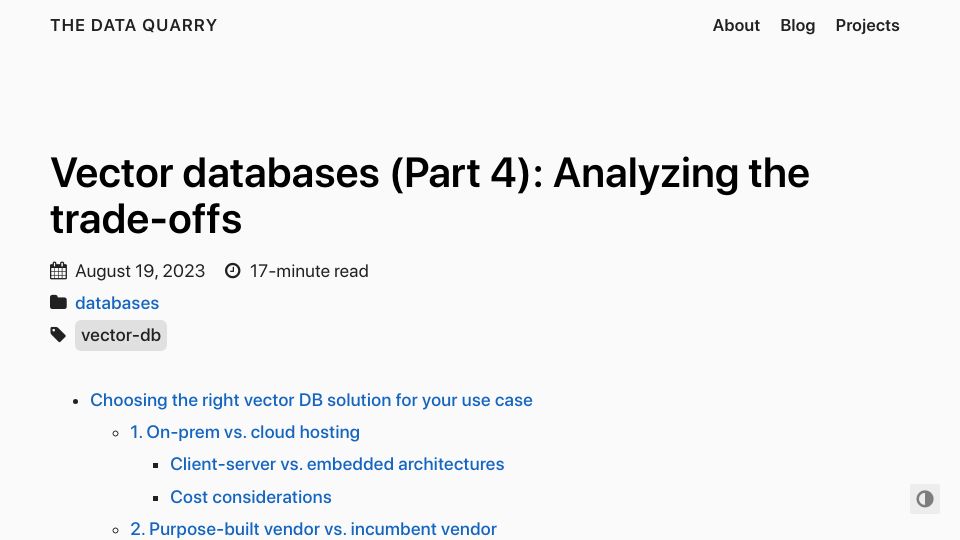 Screenshot of thedataquarry.com: Vector databases: analyzing the trade-offs