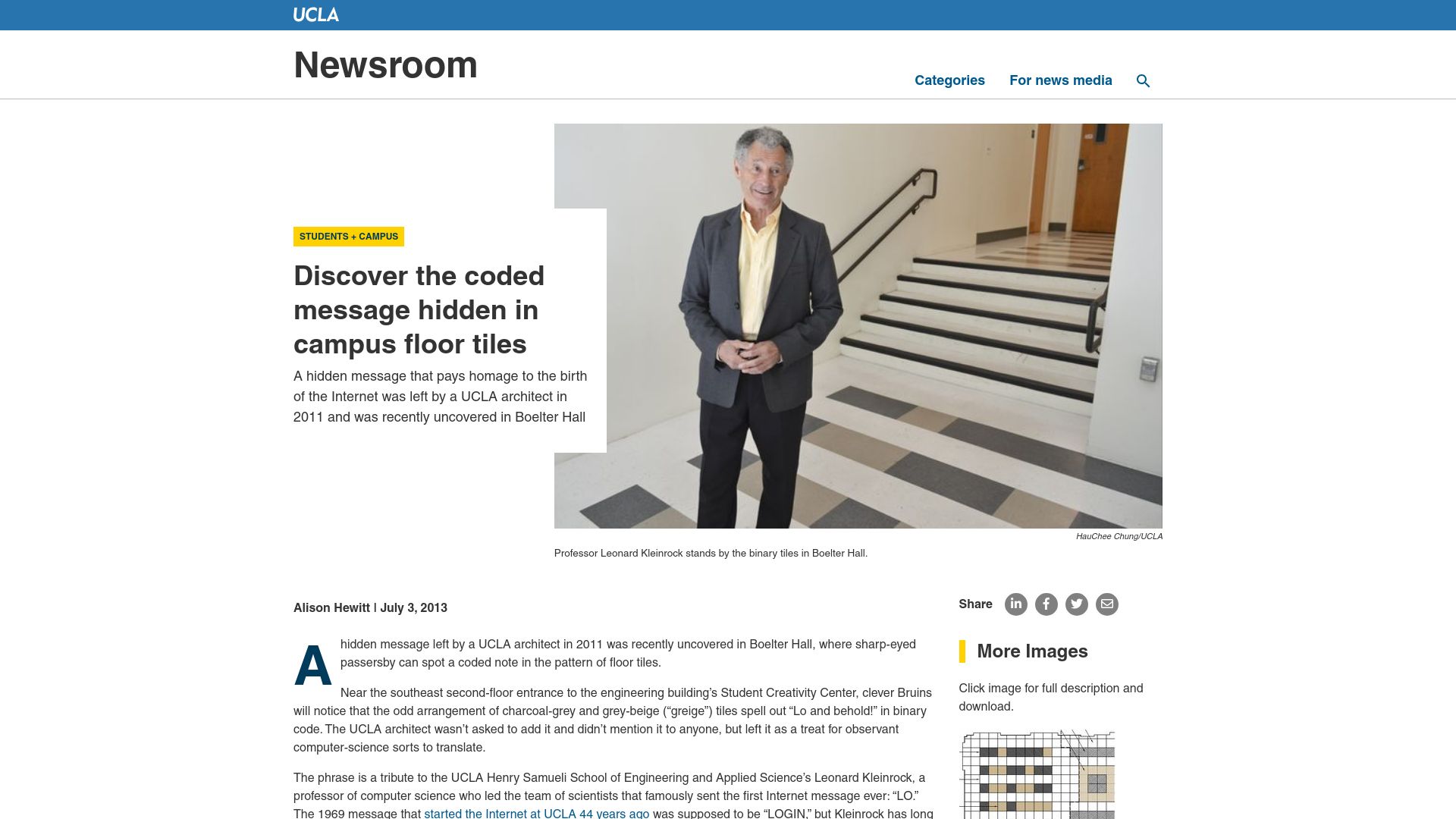 Screenshot of newsroom.ucla.edu: UCLA floor tiles decoded, pay homage to first internet message (2013)