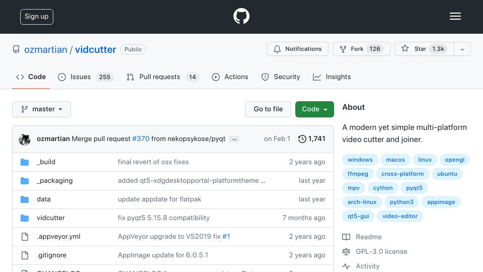 Screenshot of github.com: VidCutter: A program for lossless video cutting