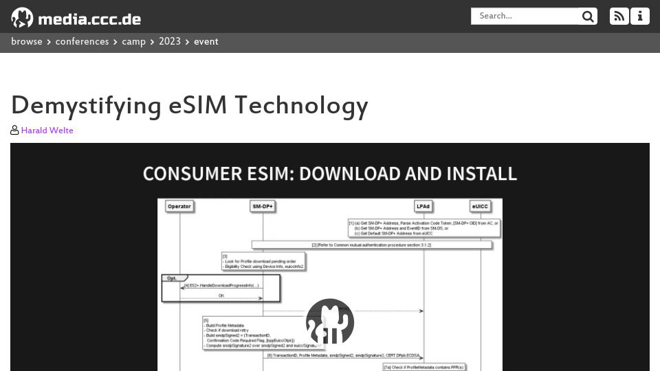 Screenshot of media.ccc.de: Demystifying ESIM Technology [video]