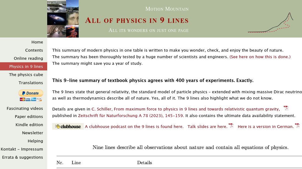 Screenshot of motionmountain.net: All of Physics in 9 Lines