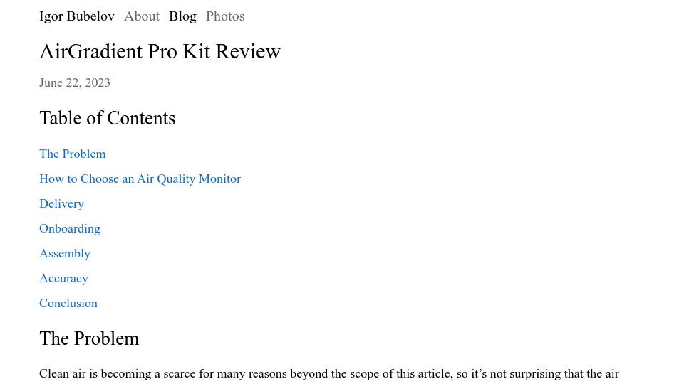 Screenshot of bubelov.com: AirGradient Air Quality Monitor Pro Kit Review