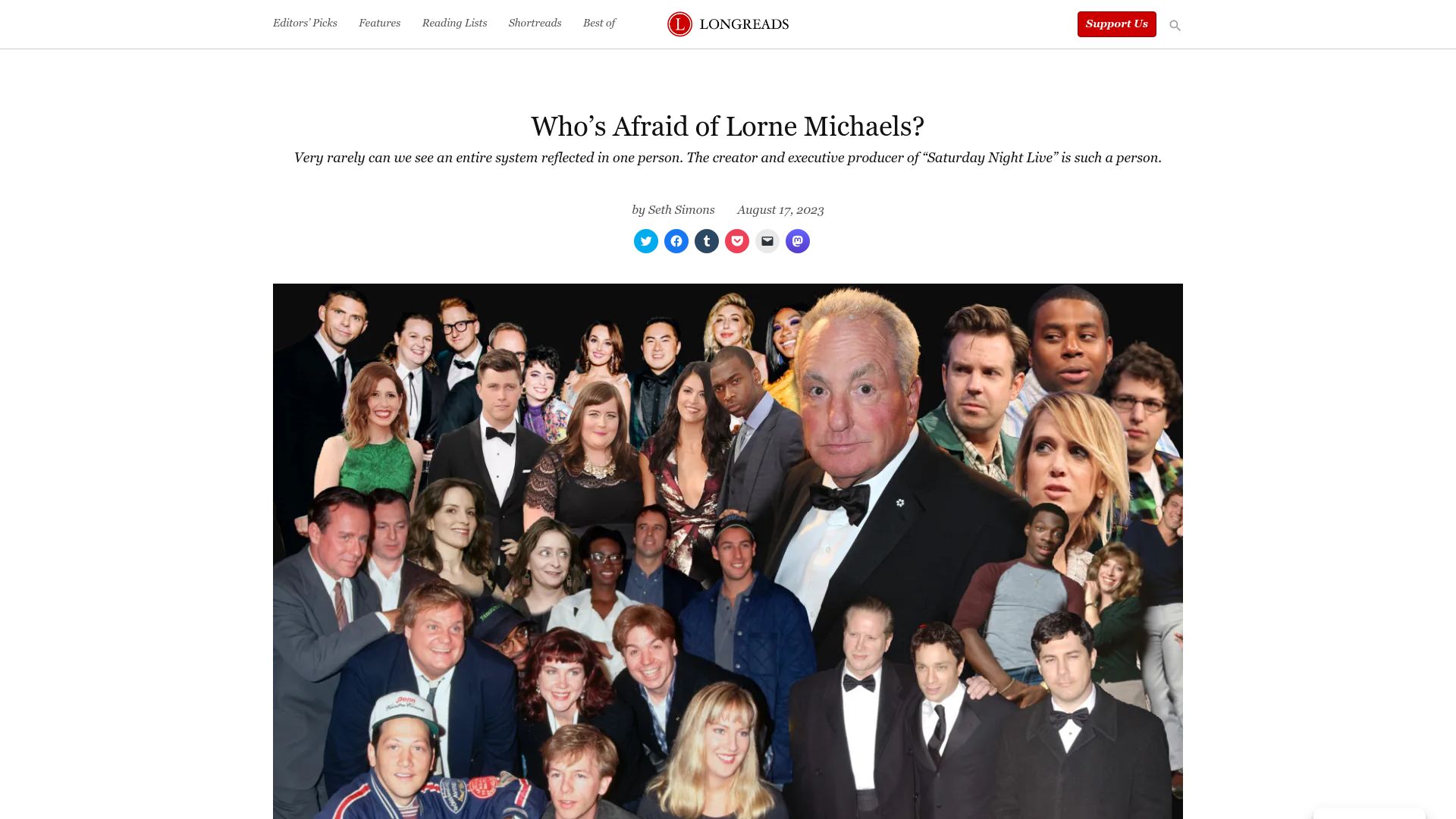 Screenshot of longreads.com: Who’s Afraid of Lorne Michaels?