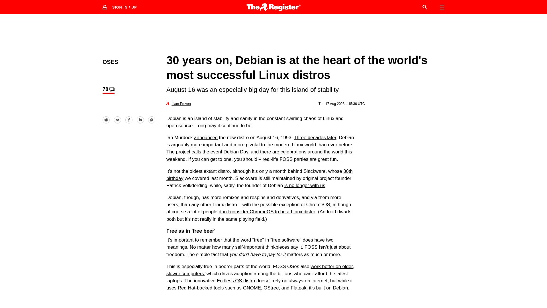 Screenshot of theregister.com: Debian is at the heart of the most successful Linux distros