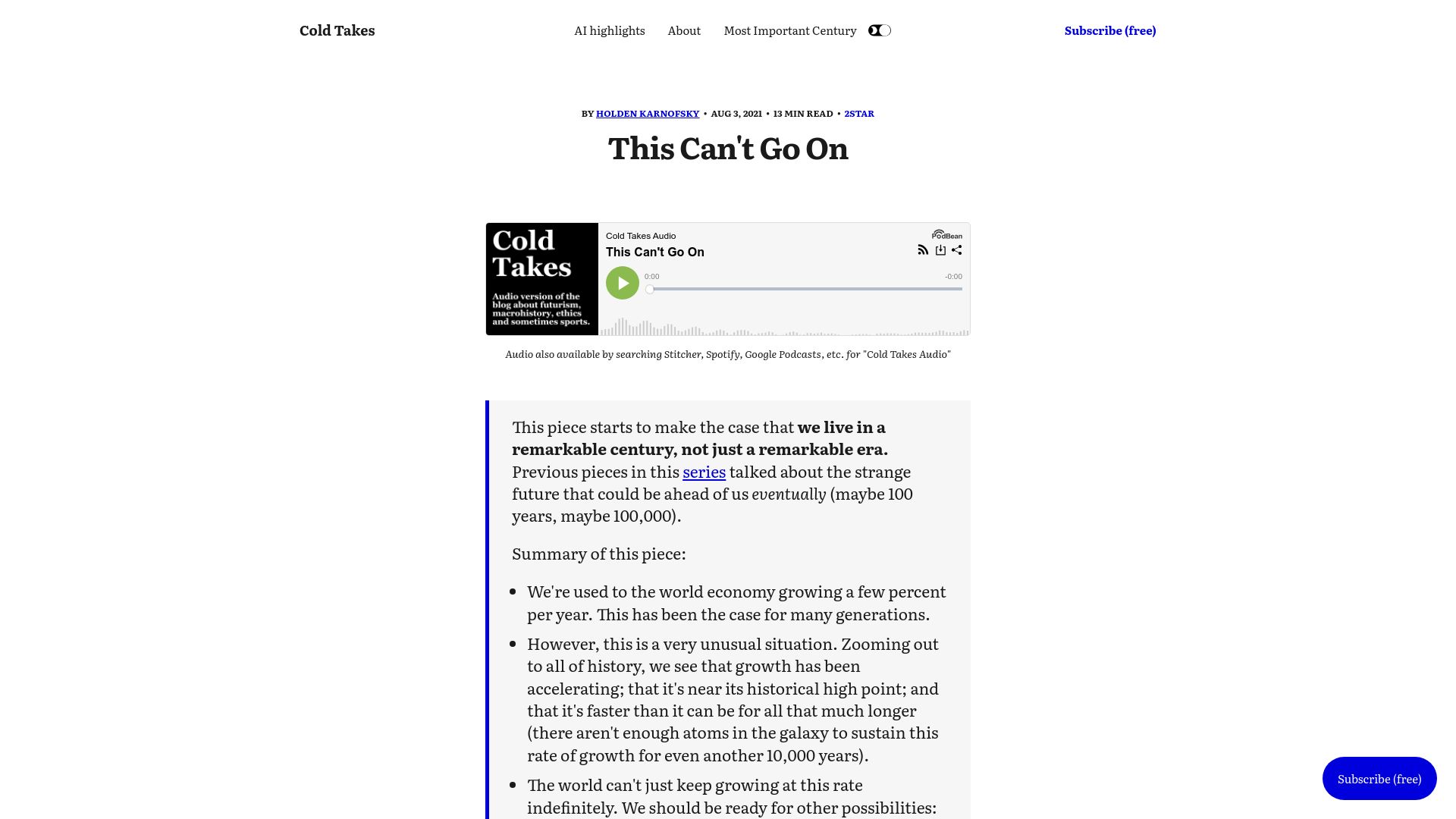 Screenshot of cold-takes.com: This can't go on (2021)